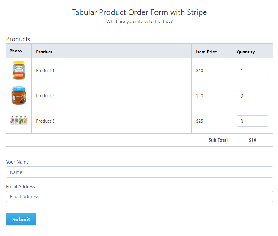 Tabular Product Order Form