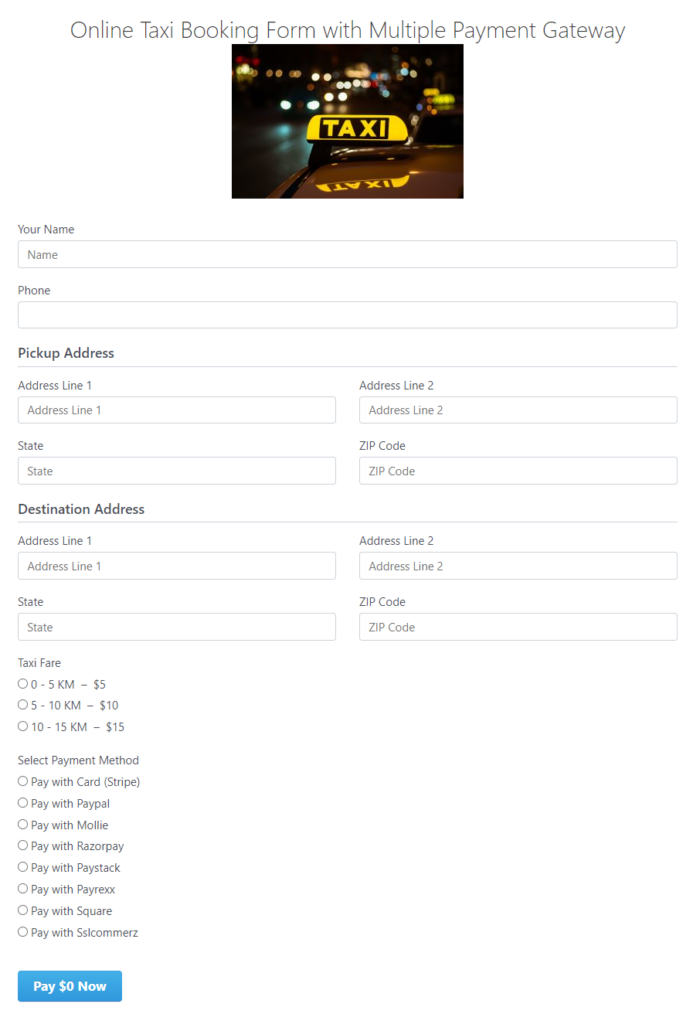 online taxi booking form
