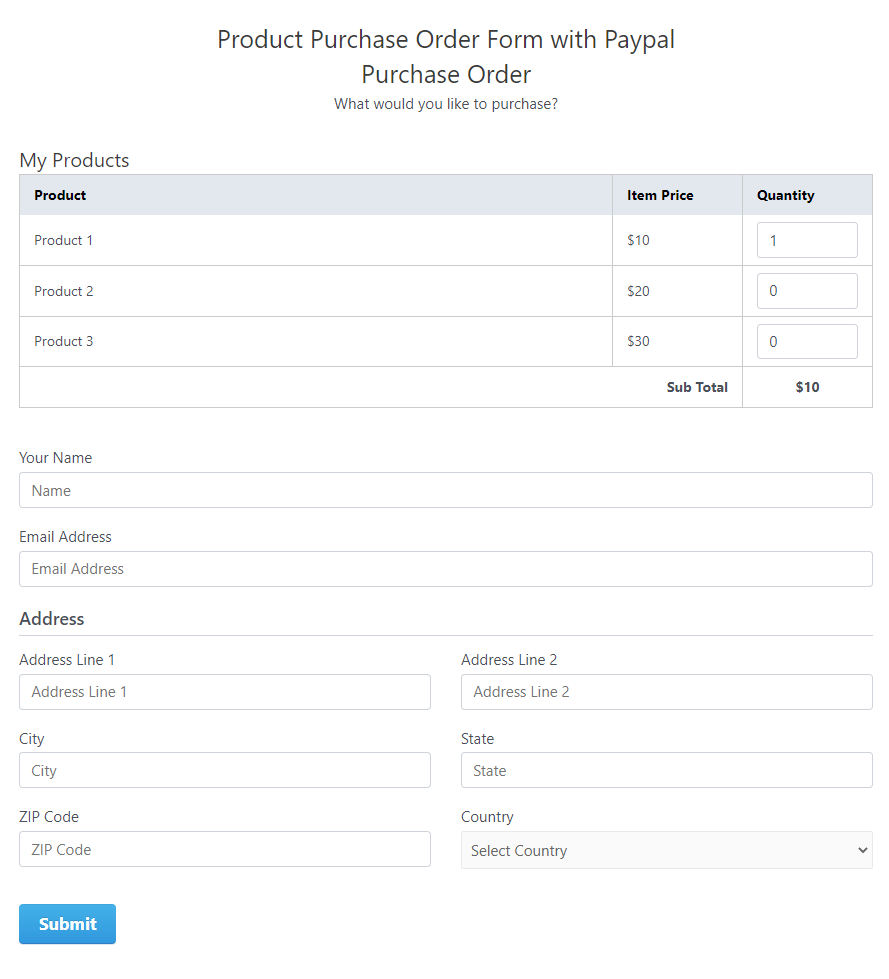 product purchase order form