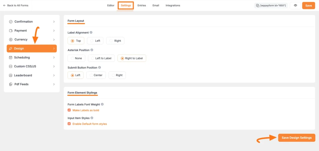 Design option under Form Settings option