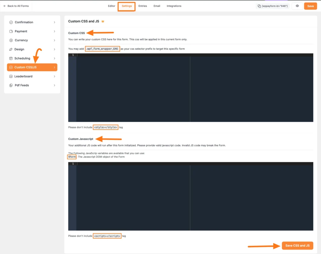Settings tab and Custom CSS:JS option