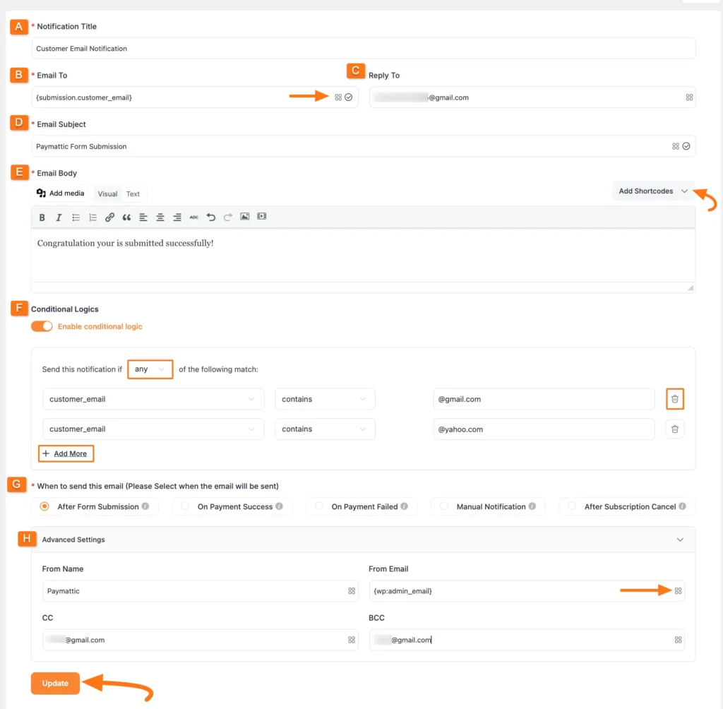 Full Settings page of Email Notification