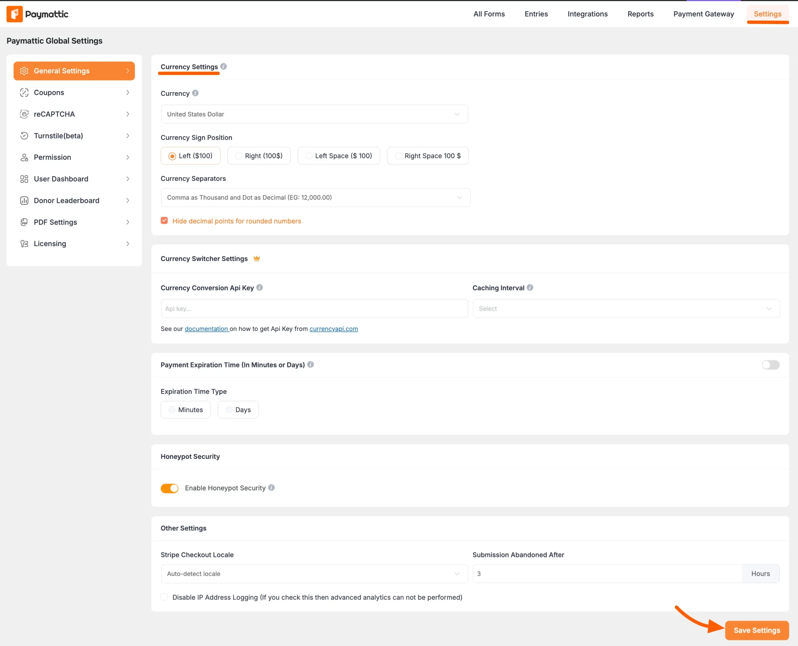 paymattic currency settings