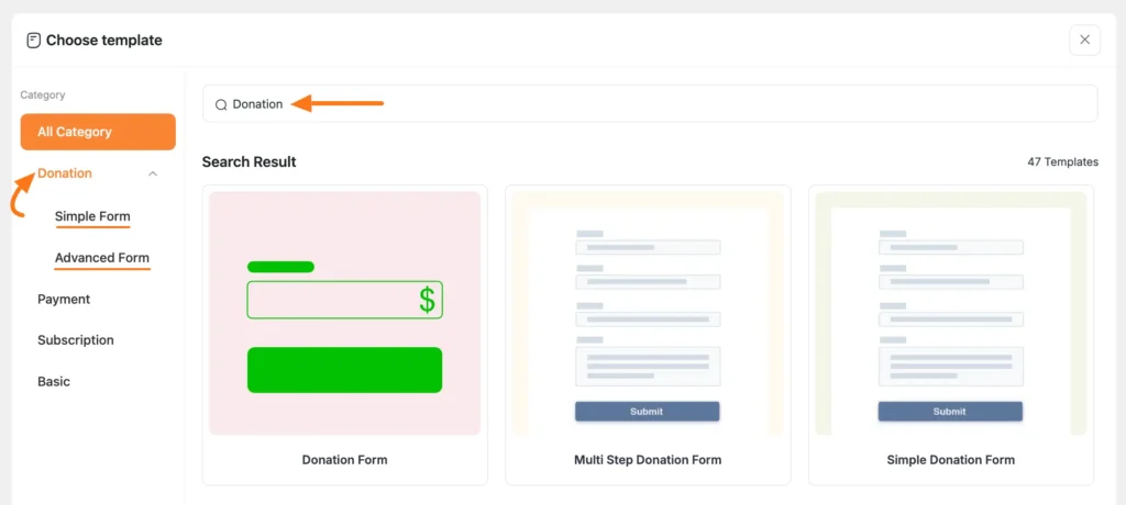 Choose template pop-up page