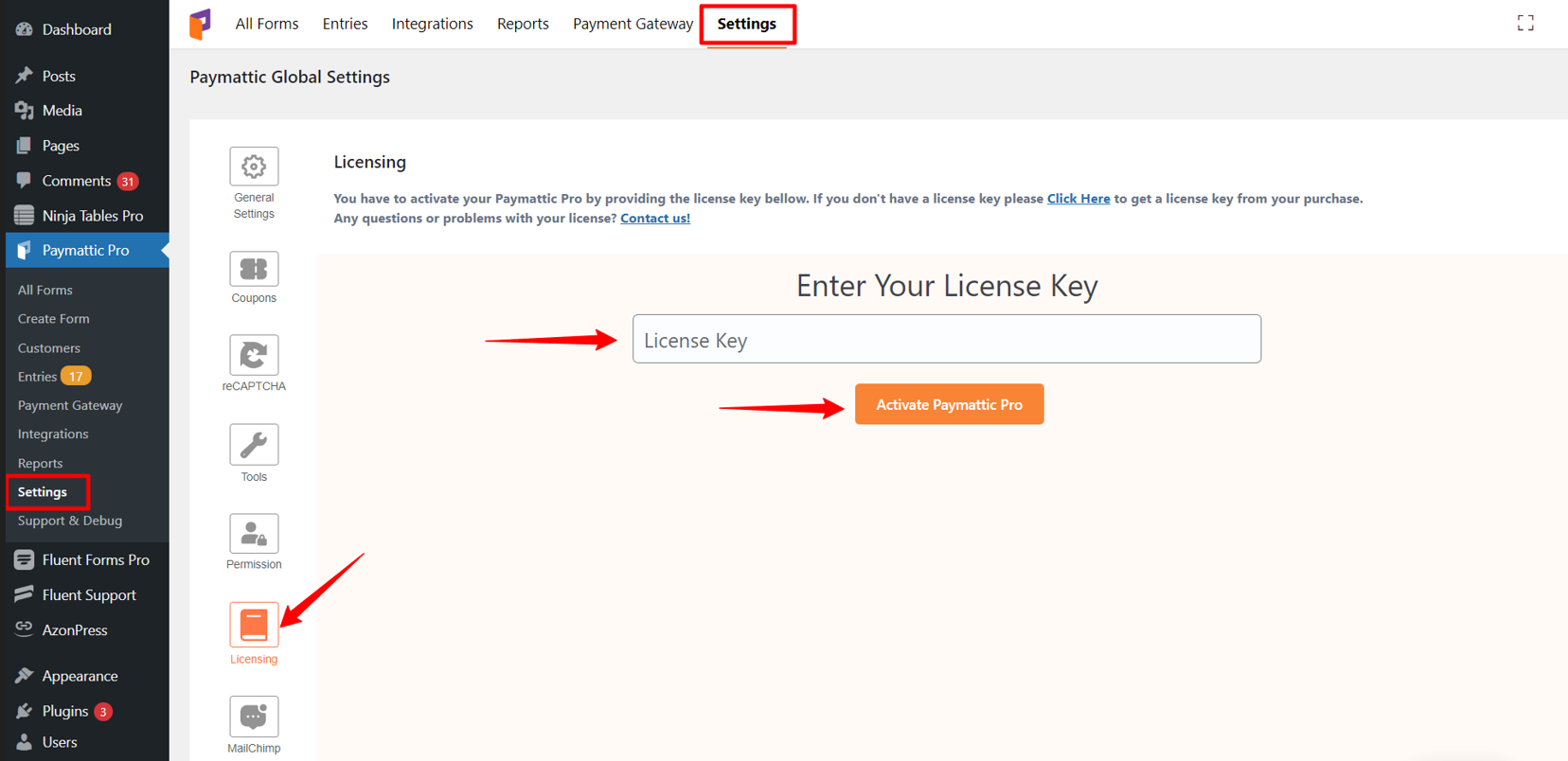 Enter Licensing Key