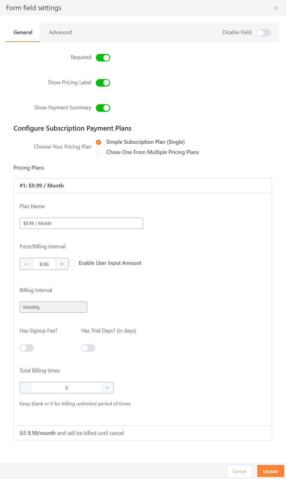 General Settings of Subscription Payment