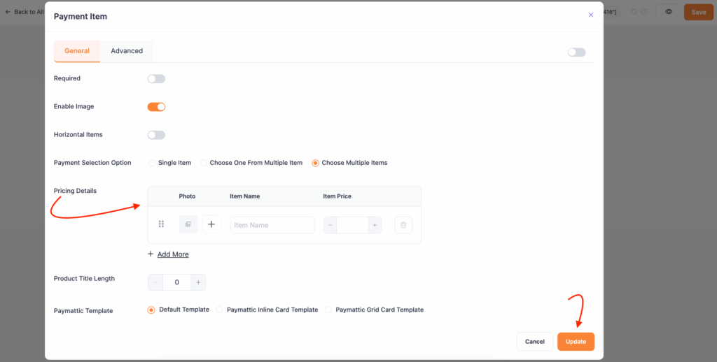 payment item field customization