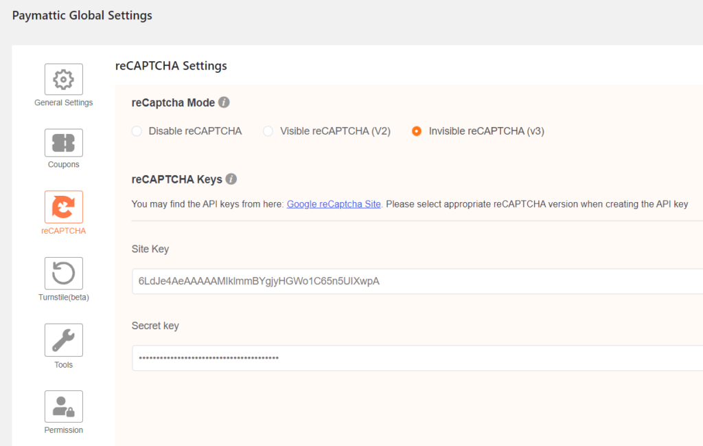 ReCAPTCHA in Paymattic