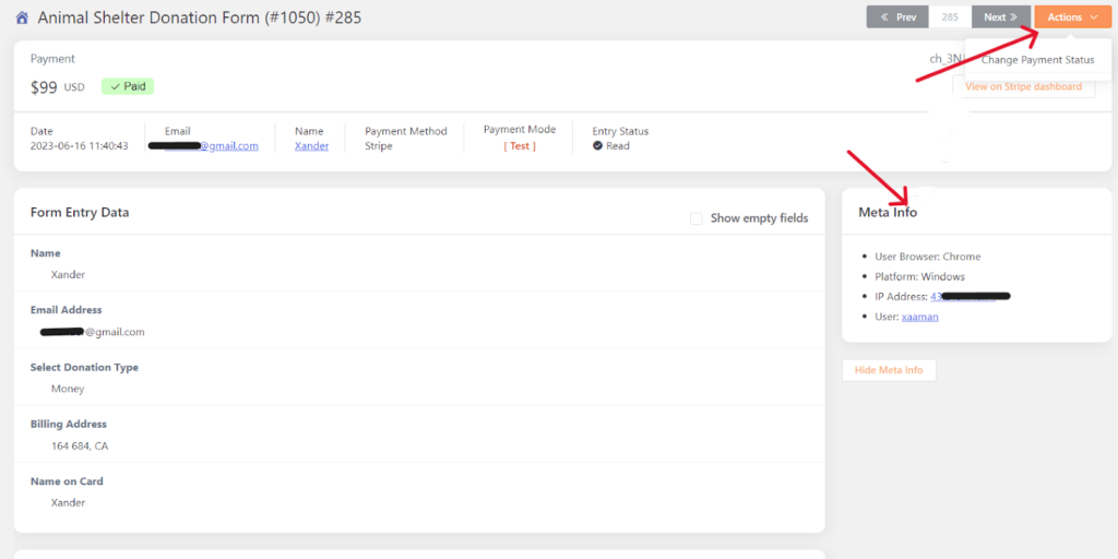 changing payment status in form entry