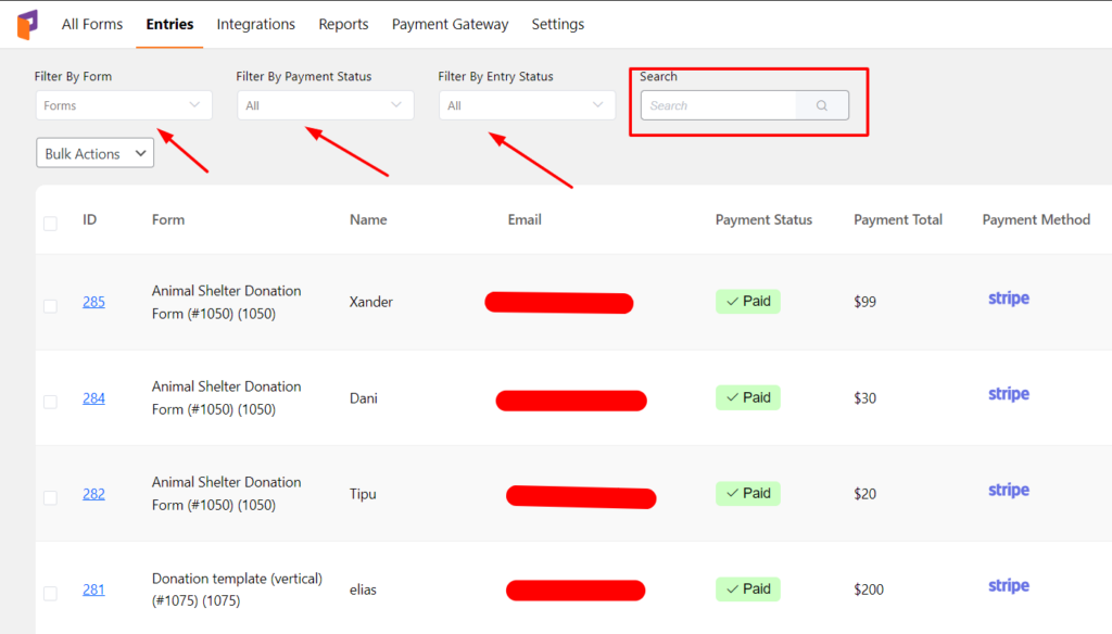 Form entry management