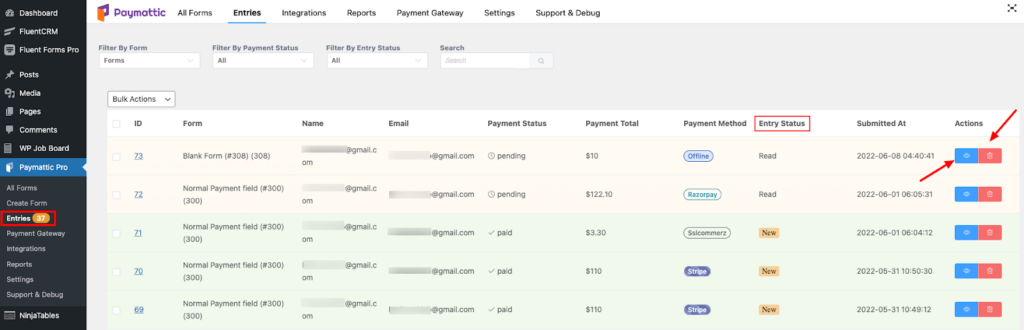 WordPress form entries