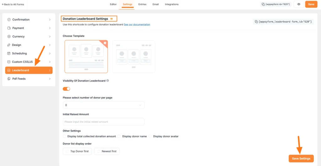 Donation leaderbord settings under a specific form's settings