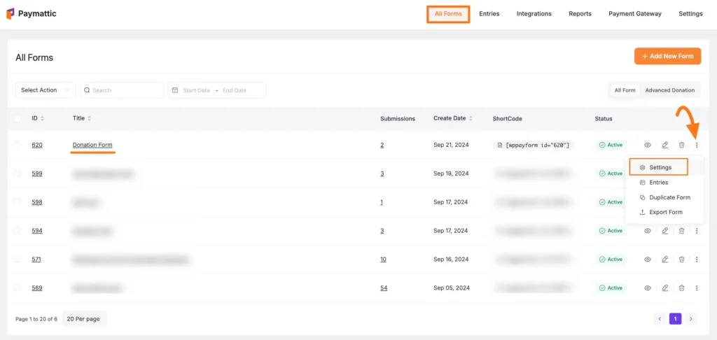 Specific form's settings option