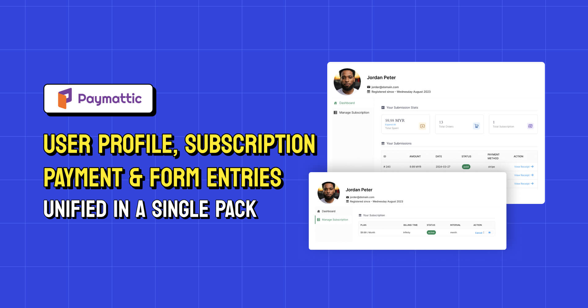 Paymattic User Dashboard: User Profile, Subscription Payments & Form Entries – Unified in a Single Pack