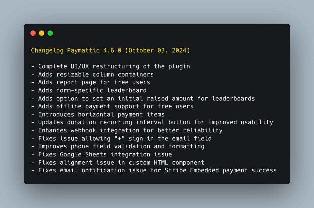 Changelog Paymattic 4.6.0