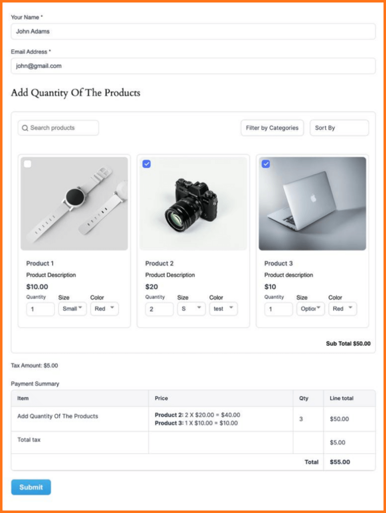 Product selection on tabular product fields