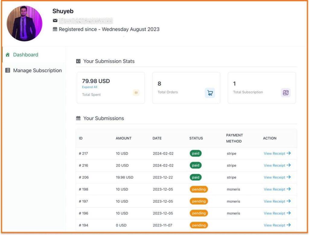 Customer dashboard