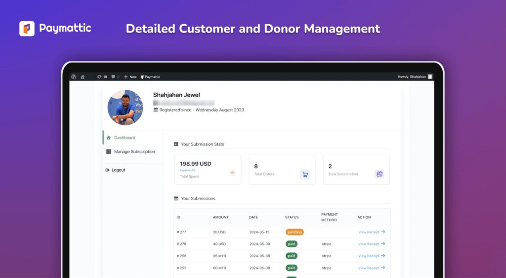 customer dashboard