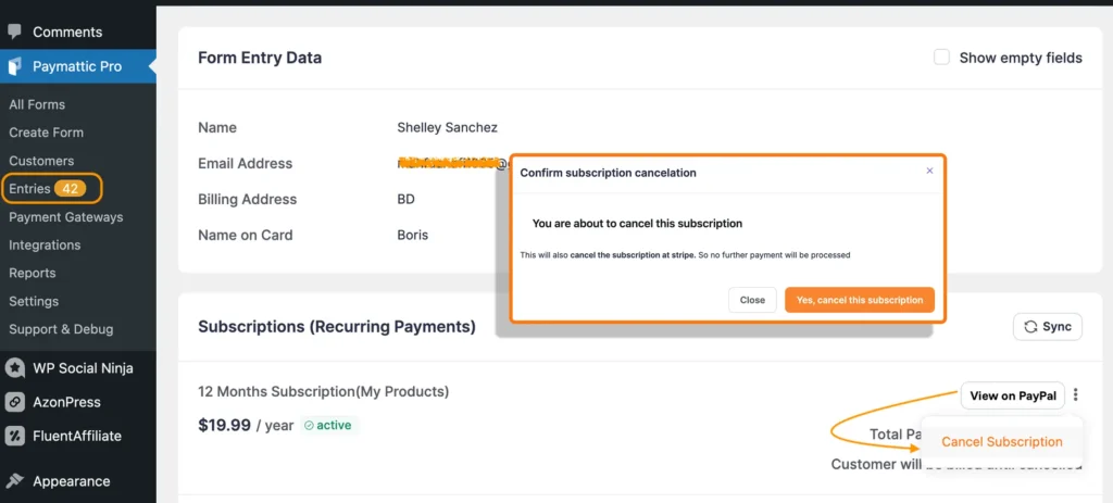 Cancel recurring payments from merchant dashboard
