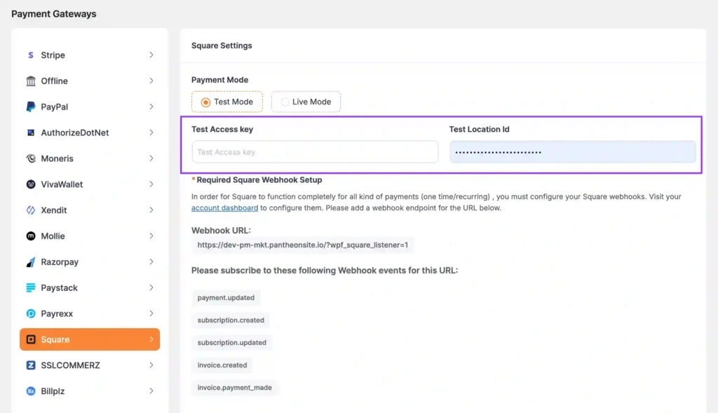 Square payment gateway integration in WordPress