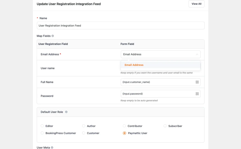 Input field mapping for user registration registration form with payment
