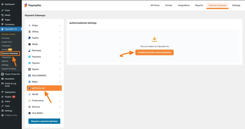 install and activate authorize.net payment gateway