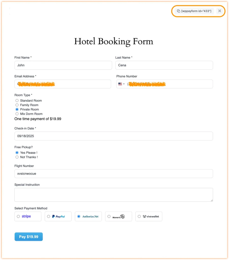 hotel booking form with paymattic