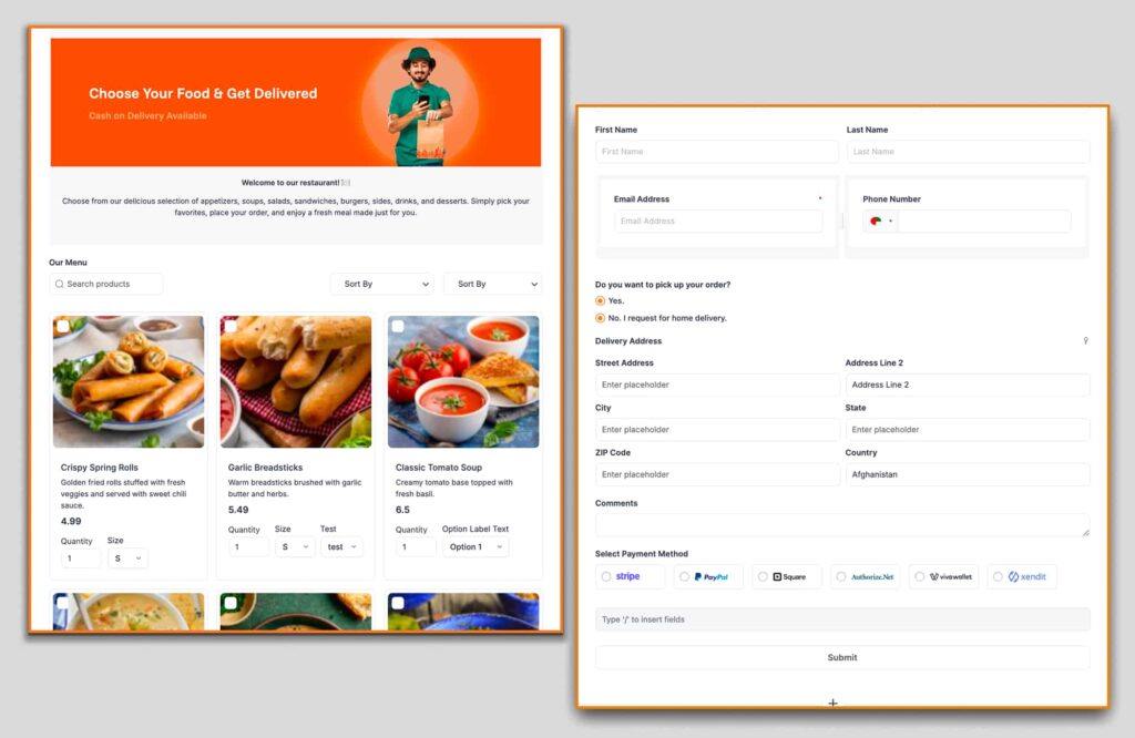 resturant order form customizations