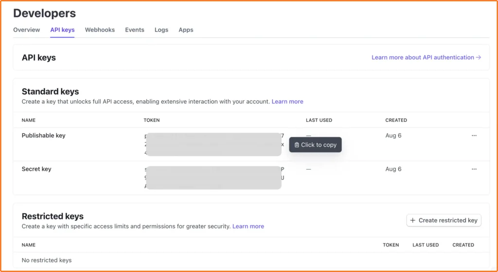 stripe api keys for test credit card numbers
