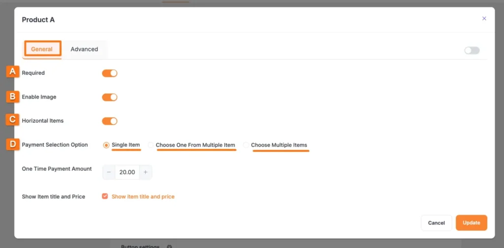 general settings payment item field