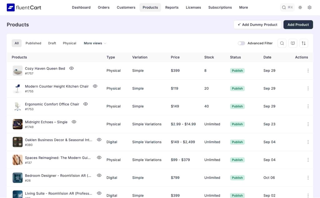 admin dashboard product lists