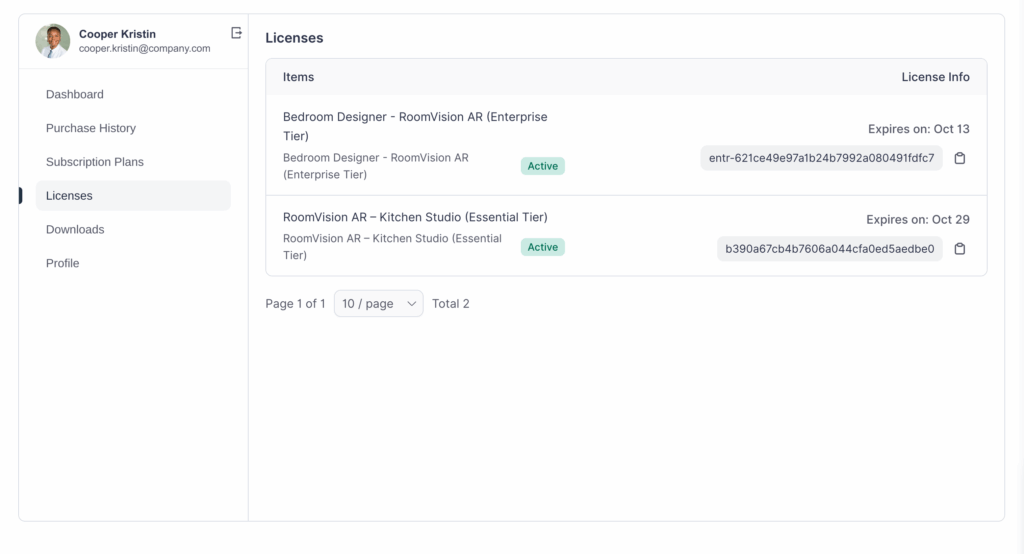 customer dashboard licenses