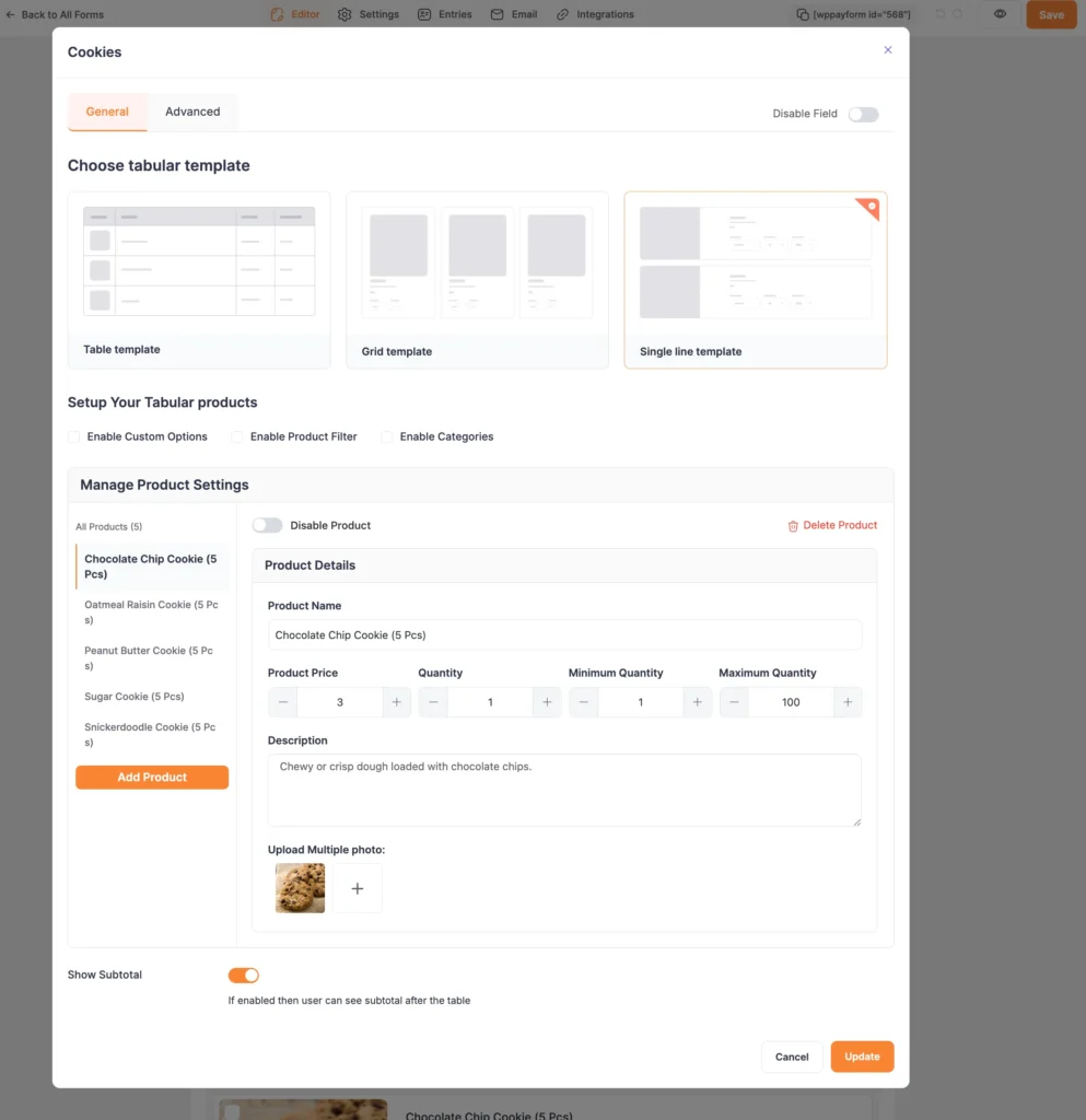 tablular product field customization