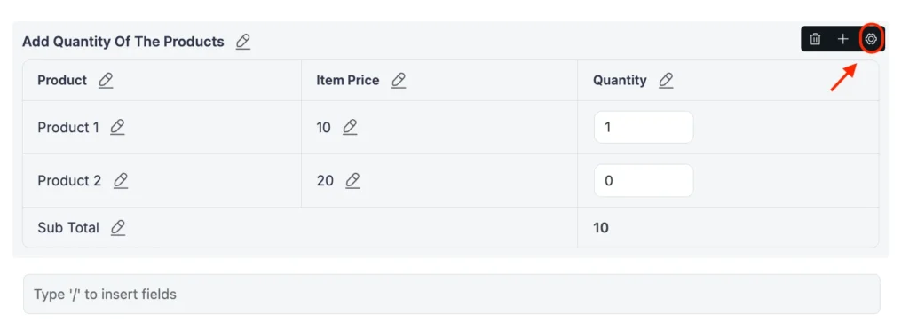 tabluar product item setting option