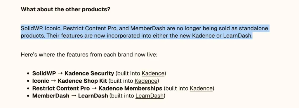 SolidWP, Memberdash are incorporated into kadenc or learndash
