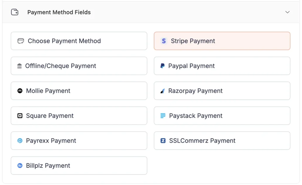 selecting stripe payment method
