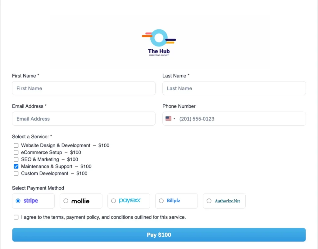 Stripe payment form